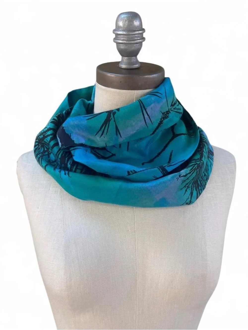 Bente Hammer DK silk infinity scarf teal blue green black abstract tree print os